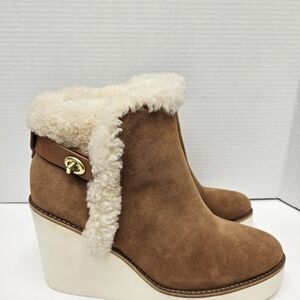Coach Tan Shearling Wedge Boots